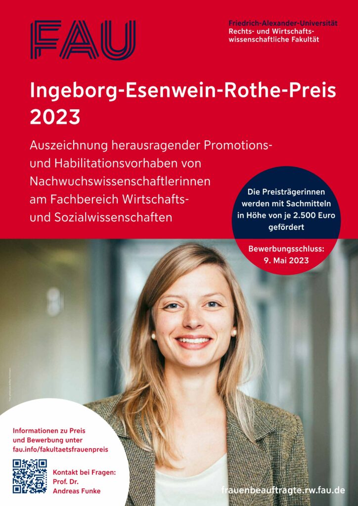 Plakat mit den wichtigsten Fakten zum Ingeborg-Esenwein-Rothe-Plakat (siehe Website) und Bild einer jungen Frau im Blazer