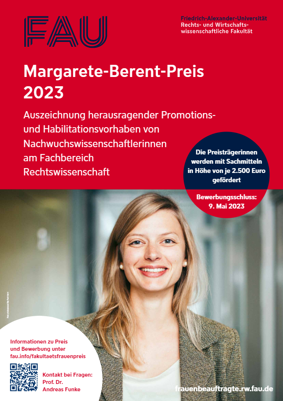 Poster with the key facts to the Margarete-Berent-Award and picture of a young woman