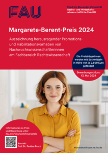 Plakat zur Bewerbung des Magarete-Berent-Preises, Portrait einer jüngeren Frau die direkt in die Kamera blickt